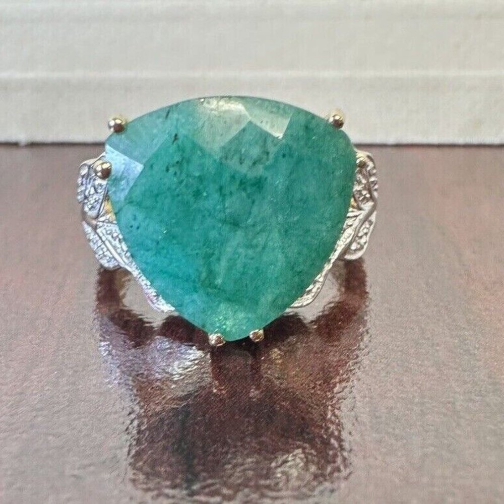 Emerald And Diamond 14K Gold Over 925 Ring. 6.85 CTW Trillion Cut.